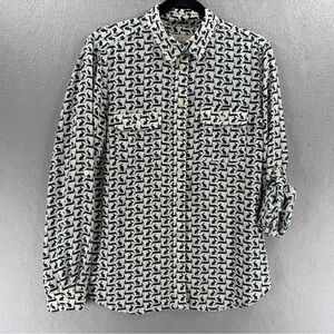 LOFT Blouse Womens Size Medium Green White Rabbit Print Button-Up Career Office